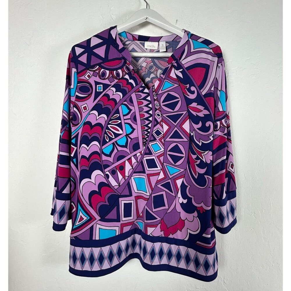 Chico's Womens Multicolor Geometric Print V-Neck 3/4 Sleeve Tunic Top Size 3